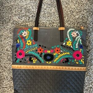 Consuela Gray Tote with Colorful Floral Embroidery
